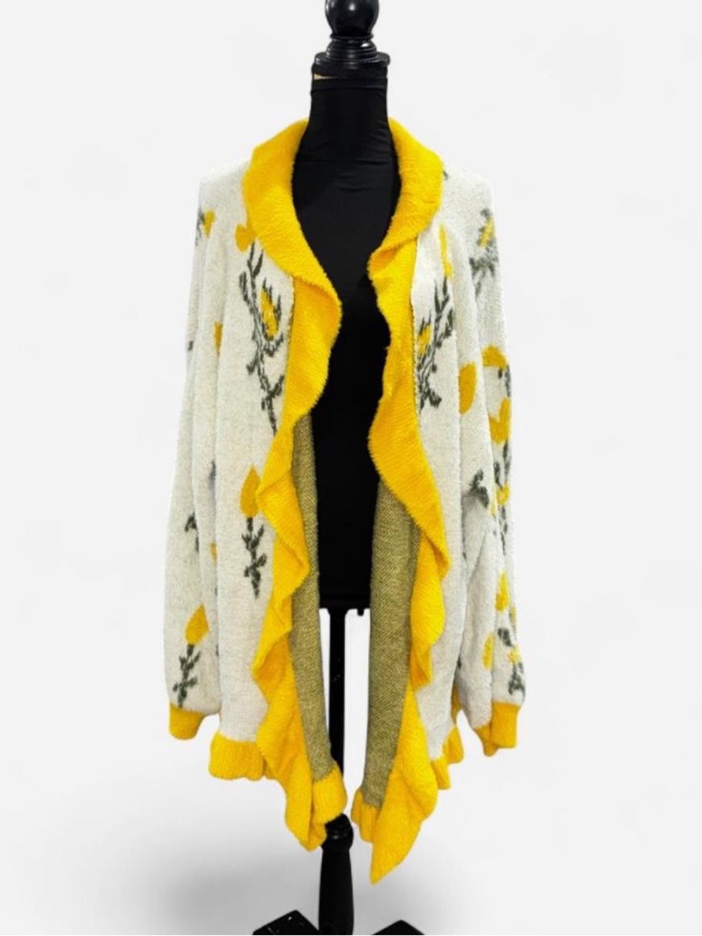 Piper & Scoot Cream and Yellow Ruffle-Trim Open Cardigan